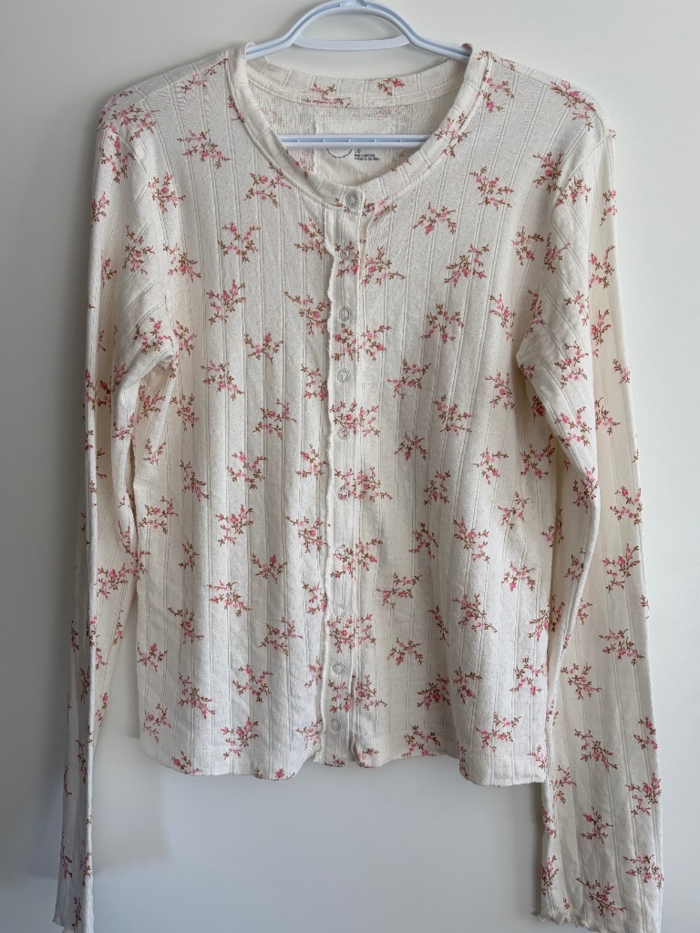 EUC Aerie Women’s Ribbed Snap-Front Cardigan Top Cream/Pink Floral Pattern Large